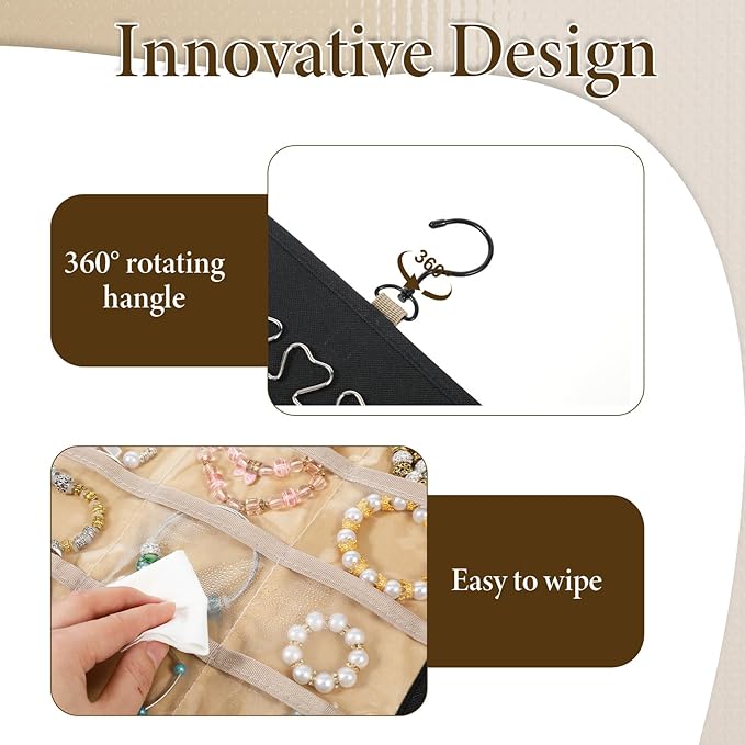 2 Pack Hanging Jewelry Organizer Storage with 48 Pockets and Hooks Dual-Sided Hanging Jewelry Organizers and Storage Hang on Closet, Wall, Door for Earrings, Necklaces, Rings,Blcak