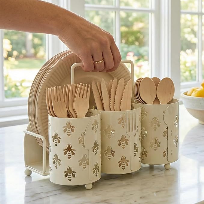 NelyBet Bee Utensil Caddy Silverware Holder Fork Spoon Napkin Paper Plate Organizer Metal Cutlery Flatware Organizer for Party Kitchen Countertop Camping Picnic - Cream White