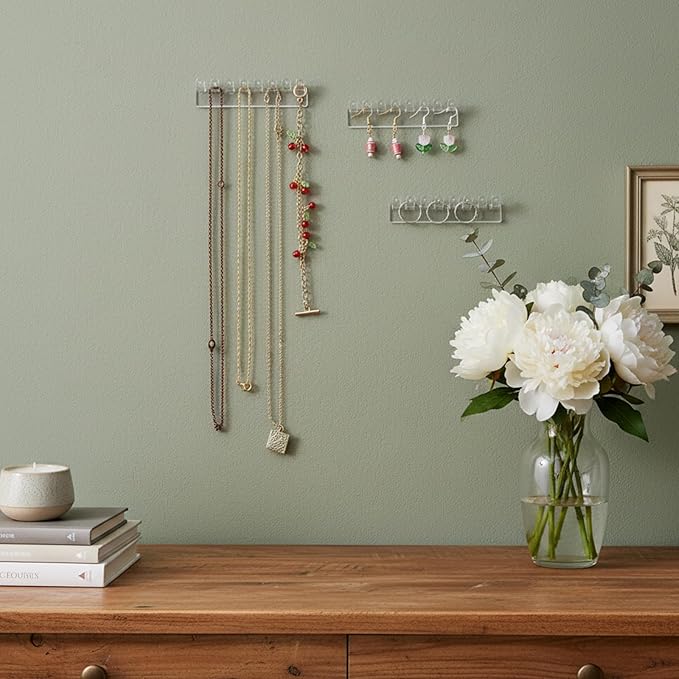 6 Pcs Necklace Holder, Hanging Jewelry Organizer, Wall Mount Jewelry Organizer with 8 Hooks, No-Drill Adhesive Hanging Racks Jewelrys Display for Rings, Earrings