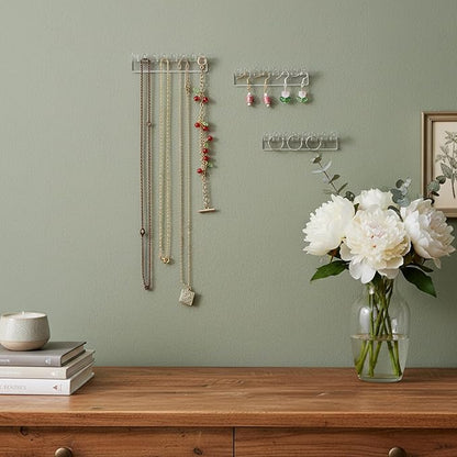 6 Pcs Necklace Holder, Hanging Jewelry Organizer, Wall Mount Jewelry Organizer with 8 Hooks, No-Drill Adhesive Hanging Racks Jewelrys Display for Rings, Earrings