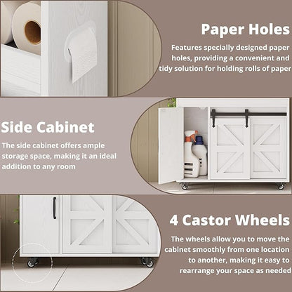 IRONCK Toilet Paper Cabinet, Slim Bathroom Cabinet with 4 Rolling Wheels, Farmhouse Slim Storage Cart with Paper Holes, Sliding Doors and Adjustable Shelf for Small Space, White/Natural