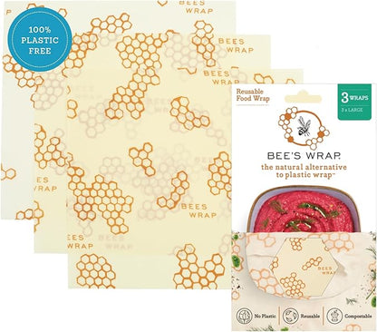 Bee's Wrap Beeswax Wraps for Food - 3 Pack of Large Beeswax Wraps - Plastic Free Made in USA Reusable Natural Food Wrap - Honeycomb Print