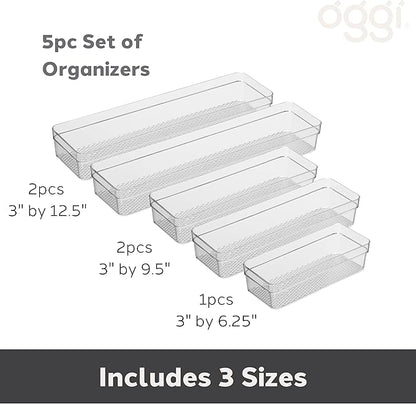 Oggi Set of 5 Clear Drawer Organizers - (1) 3x6.25, (2) 3x9.5, (2) 3x12.5 - Ideal for Organizing Kitchen Drawers, Office, Desk, Silverware, Kitchen Utensils, Cosmetics and Bathrooms