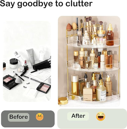 FELIZHOUSE 3-Tier Makeup Organizer for Vanity & Bathroom Countertop – Acrylic Storage Shelf with Perfume Tray & Makeup Brush Holder, Tool-Free Installation, Design for Bathroom & Dresser - Clear