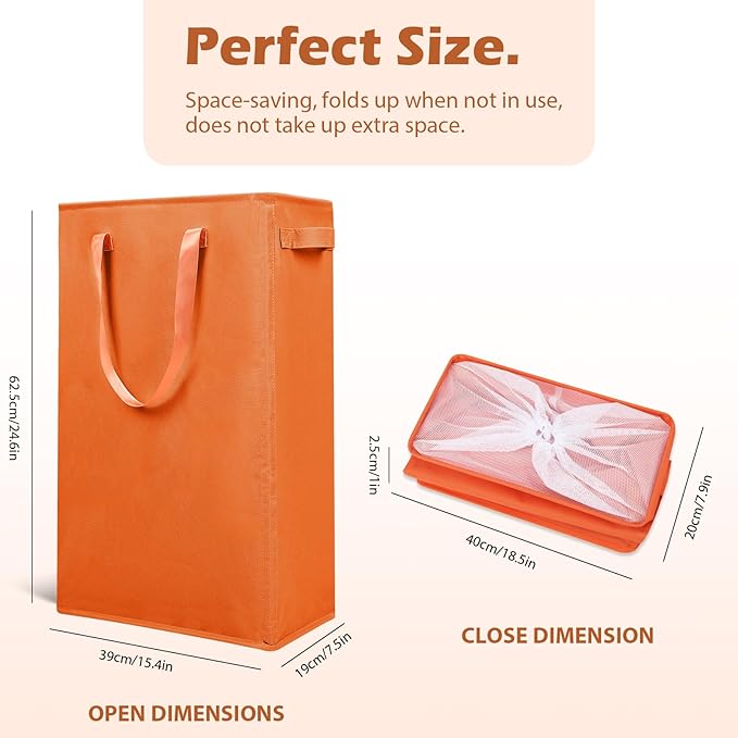 Odonata Slim Laundry Hamper Handles Collapsible Laundry Basket Thin Dirty Clothes Basket Narrow Laundry Bag Foldable Dirty Hamper 45L (Orange)