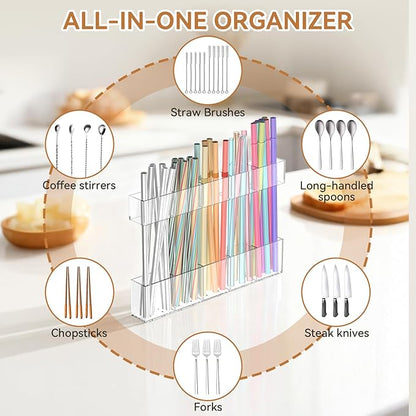 9.5 Inch Cabinet Door Acrylic Straw Holder with Double-Sided Tape, Kitchen Countertop Cabinet Storage Box for Organizing Straws (Transparent)