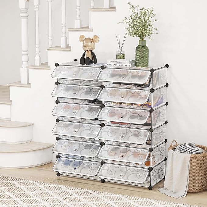 COSTWAY Shoe Rack Organizer, 6 Tier Shoe Shelves with Covers, DIY Design, 24-Pair Stackable Cube Organizer Boxes, Freestanding Shoe Cabinet for Entryway Bedroom Closet Hallway (White)