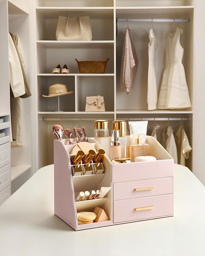 Lolalet Makeup Organizer Countertop with Drawers, Easy to Clean PU Leather Storage Box, 3-Layer Cosmetic Holder for Skincare, Lipstick, Perfume & Brush, Display Case for Vanity Dresser Bathroom -Pink
