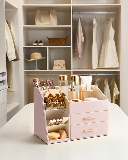 Lolalet Makeup Organizer Countertop with Drawers, Easy to Clean PU Leather Storage Box, 3-Layer Cosmetic Holder for Skincare, Lipstick, Perfume & Brush, Display Case for Vanity Dresser Bathroom -Pink