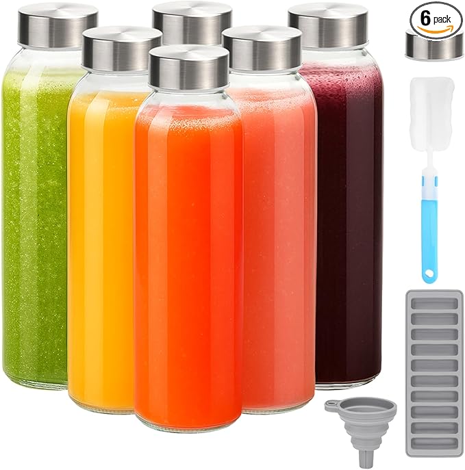 Zukro Glass Water Bottles with Lids 24 oz, 6 Pack Reusable Juice Bottles With Stainless Steel Airtight Cap for Juicing, Leak Proof Clear Drinking Jar Beverage storage container for Fridge, BPA Free