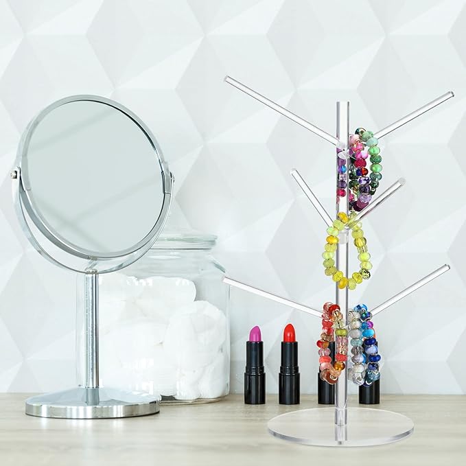 Acrylic Scrunchie Organizer Stand With Angled Branches - Hair Tie, Accessories, Jewelry, Bracelet, Earrings Storage Holder - Y2k Room Decor for Girls and Teens (Clear)