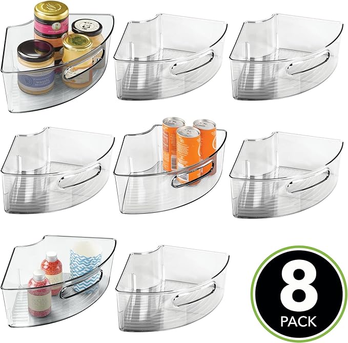 mDesign Plastic Lazy Susan Cabinet Storage Bin with Front Handle for Kitchen Countertop, Pantry, Shelf, Fridge Organization - Hold Food, Drinks, Snacks - Ligne Collection - 8 Pack - Smoke Gray Tint