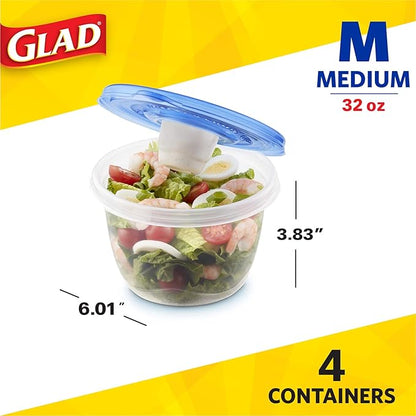 Glad GladWare To Go Lunch Food Storage Containers with Lids, Medium Round No BPA Plastic with Built-In Dressing Cup for Salads and Lunches, Microwave Dishwasher Safe, 32 Oz, 4 Count - 6 Pack