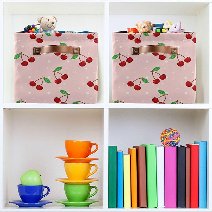 Storage Basket Cherry Rectangular Collapsible Canvas Shelves Storage Bins with Leather Handles for Shelves Home Closet Bedroom Living Room, 1Pack