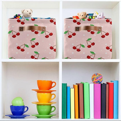 Storage Basket Cherry Rectangular Collapsible Canvas Shelves Storage Bins with Leather Handles for Shelves Home Closet Bedroom Living Room, 1Pack