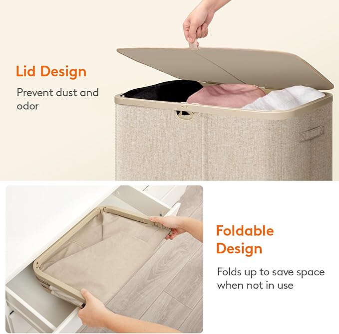 Lifewit 185L Large 3 Section Laundry Hamper with Lid, Plastic Laundry Basket with Bamboo Handles and Removable Bags, Tall Foldable Clothes Hamper for Bathroom Bedroom, Beige