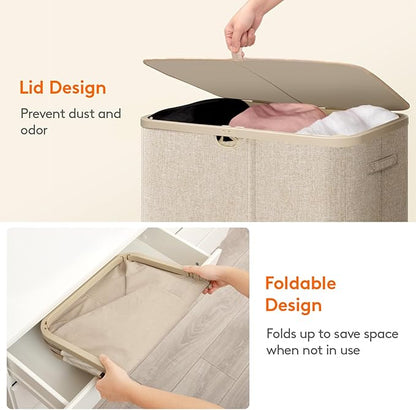 Lifewit 185L Large 3 Section Laundry Hamper with Lid, Plastic Laundry Basket with Bamboo Handles and Removable Bags, Tall Foldable Clothes Hamper for Bathroom Bedroom, Beige