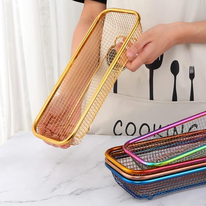 Kitchen Drawer Organizer, BuyGo Stainless Steel Storage Container Gold Metal Cabinet Storage Basket for Holding Silverware Kitchen Utensil, Pack of 2