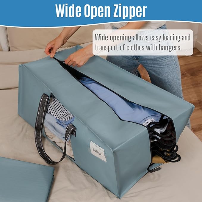 VENO 4 Pack Heavy Duty Moving Bags, Packing Bags with Clear Window, Alternative to Moving Boxes, Storage Bins for Clothes, Blankets, Comforters, College Dorm Essentials (Light Blue Matte, 4 Pack)