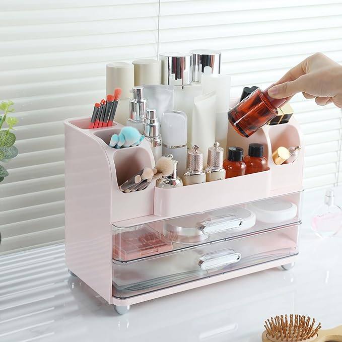 Large Makeup Organizer Countertop with Drawers, Make Up Organizer for Vanity, Makeup Storage Organizer Countertop Makeup Organizers for Skincare, Pink