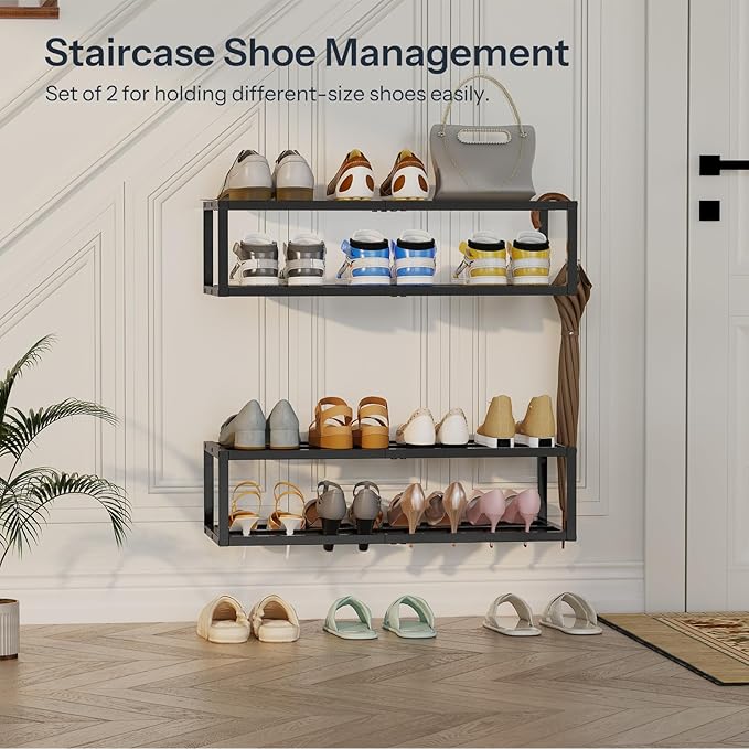 HOOBRO Wall-Mounted Shoe Rack, 2 Pack Hanging Metal Shoe Shelf, Space-Saving Shoe Storage Organizer, Holds 12-16 Pairs, Shoe Holder for Entryway, Closet, Small Spaces, Black BK44XJP201