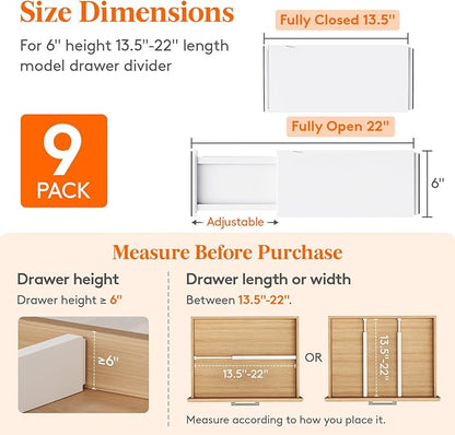Lifewit 9 Pack 6" High Drawer Dividers 34-56cm/13.5-22" Adjustable Drawer Organizer for Clothes/Utensils, Expandable Drawer Separator in Dresser/Kitchen/Bedroom/Office Organization & Storage White