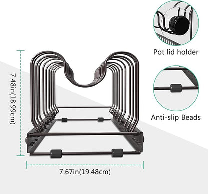 Puricon Drink Organizer for Fridge Pusher Glide Bundle with Expandable Pot and Pan Organizer for Cabinet with 10 Dividers