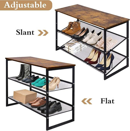 Garden 4 you Shoe Rack for Entryway 3 Tiers 11.8" D x 25" W x 20" H, Metal Shoe Rocks with Brown Wooden Tabletop, Angled Shoes Rack with Adjustable Mesh Shelves for Entryway Hallway Closet
