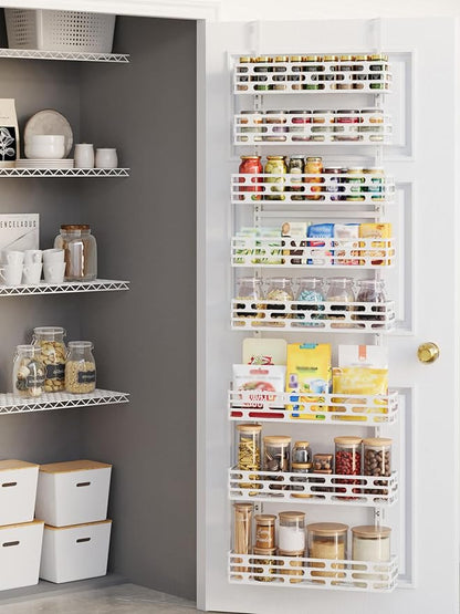 Over the Door Pantry Organizer, Pantry Organization and Storage, 8 Tier Pantry Door Spice Rack Organizer, Metal Over Door Organizer Home Office Laundry Room Bathroom & Kitchen Organization, White