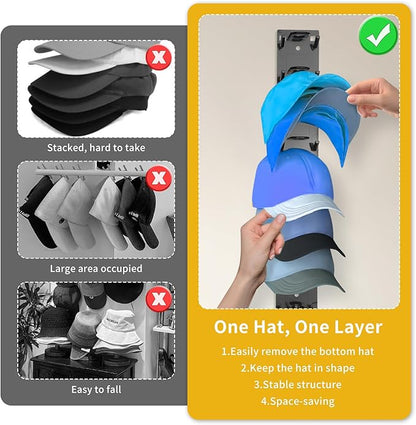 Hat Organizer 2-Pack, Strong Fixed Hat Rack for Wall - Multi-Tier Holds 18 Caps, Space Saving Closet Door Organizer, No Drill Mount for Bedroom/Entryway(2PCSBlack)