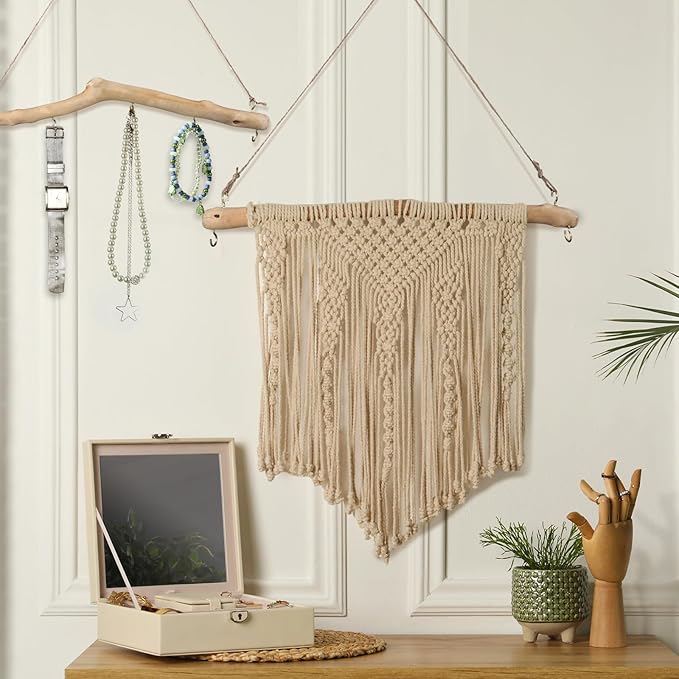 Chunful 4 Pcs 15 Inch Driftwood Wall Hanging Jewelry Hanger Rustic Wood Logs Hanging Branch Decor with 5 Hooks Natural Driftwood Decorative Branches Farmhouse Wooden Hook Mounted