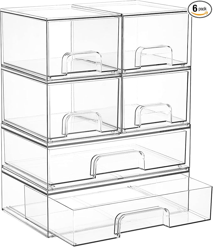 Vtopmart Stackable Storage Drawers Set of 6, Clear Plastic Organizer Bins for Bathroom Supplies, Ideal for Cabinet,Shelf, Pantry, Laundry Room Organization