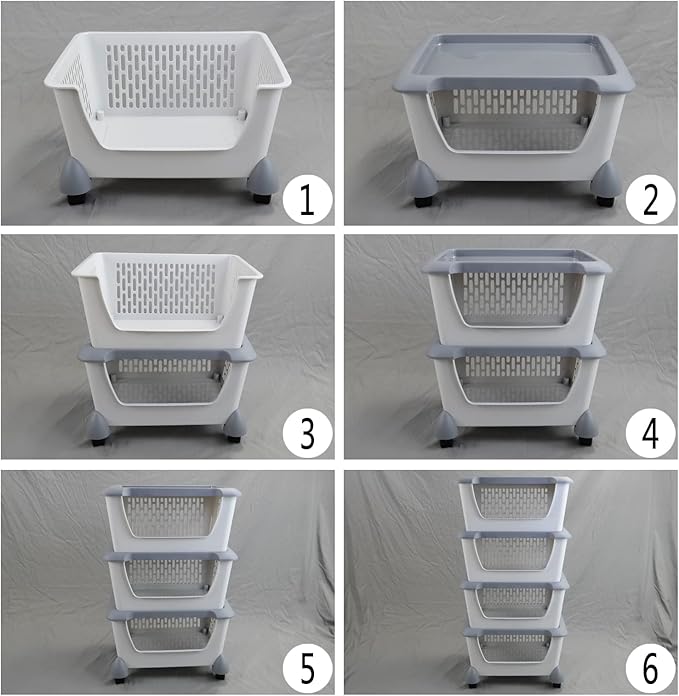 Farmoon 5 Pack Plastic Stackable Storage Baskets, Grey Plastic Stacking Baskets with Wheels