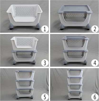 Farmoon 5 Pack Plastic Stackable Storage Baskets, Grey Plastic Stacking Baskets with Wheels