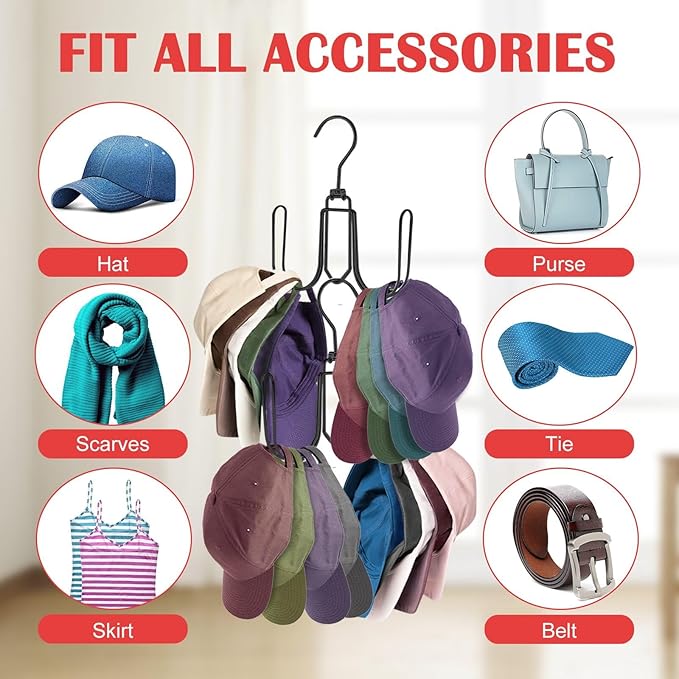2 Pack Hat Hanger for Closet, Collapsible Metal Hat Organizer for Baseball Caps, Racks with 4 Big Hooks, 360° Rotation Space Saving Hangers, Better Organizer&Display for Tie, Scarves, Black