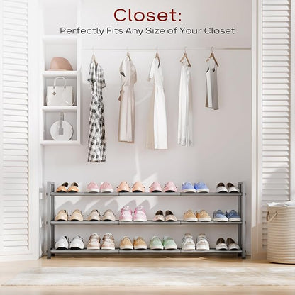 Bumusty 3-Tier Long Expandable Shoe Rack for Closet, 18"-44" Adjustable Shoe Rack for Entryway, 15-18 Pairs Large Shoe Organizer Shelf Storage, Sturdy Metal, Light Grey