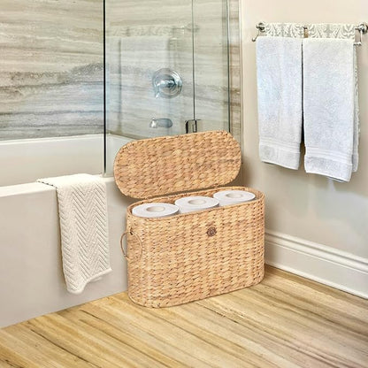 SIEUSALEVN Toilet Paper Storage, Water Hyacinth Baskets with Lid, Toilet Paper Baskets for Storage Holder 6 Rolls, Papers Basket with Built-in Handles for Organizer, Bathroom Accessories Organizer