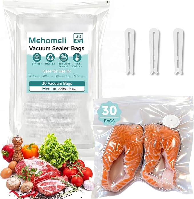 Reusable Vacuum Sealer Bags for Food – 30 BPA-Free Medium (11in × 10.2in) Food Storage Bags, Freezer Microwave Safe– Odor Resistant, Leak-Proof – Compatible with Handheld Vacuum Sealers | BPA Free Material