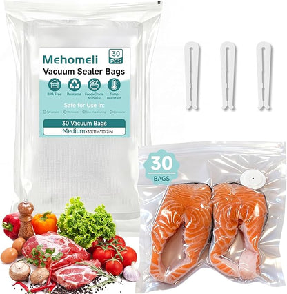 Reusable Vacuum Sealer Bags for Food – 30 BPA-Free Medium (11in × 10.2in) Food Storage Bags, Freezer Microwave Safe– Odor Resistant, Leak-Proof – Compatible with Handheld Vacuum Sealers | BPA Free Material