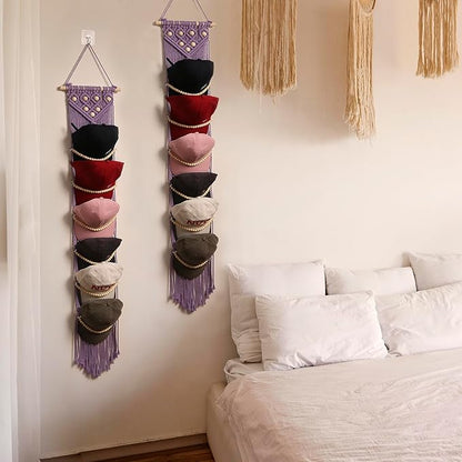 jontell Ball Cap Hanger-1 Pack-Boho Macrame Cap Holder Wall Hat Organizer for Baseball Cap Holder Over Door, Hat Rack for Wall, Cap Rack for Decoration and Display(purple)