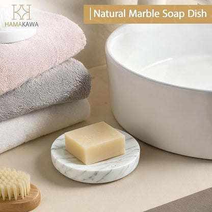 Natural Marble Soap Dish, Round Carrara White Jewelry Dish, Limestone Shower Soap Holder, Modern Stone Sponge Holder, Bar Soap Saver Tray for Bathroom, Kitchen, Easy to Clean