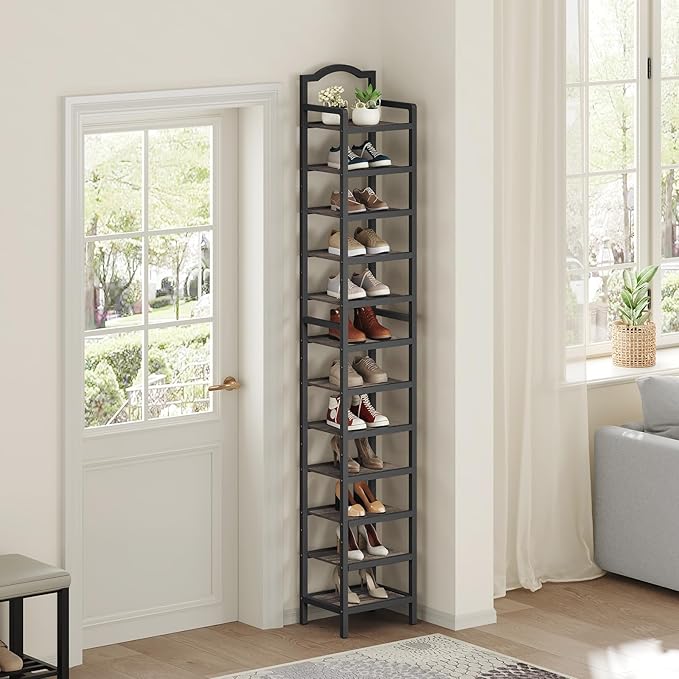 YATINEY 12-Tier Tall Shoe Rack, Vertical Shoe Organizer for Small Spaces, Wooden Shoe Shelf for Entryway, Space Saving Shoe Storage, Holds 12 Pairs of Shoes, Charcoal Gray and Black SS52BC