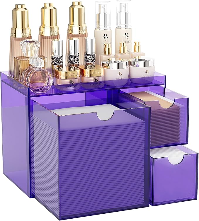 Youdepot Acrylic Face Towel Holder with Drawer – 4-Layer Disposable Face Towel Holder Organizer Box – Bathroom Countertop Storage for Cotton Pads, Swabs, and Skincare (Purple)