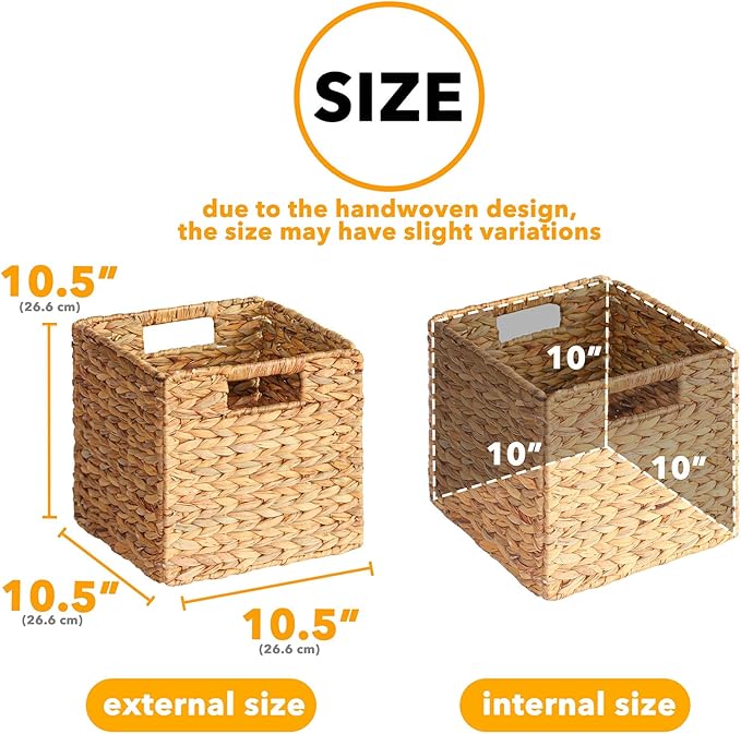 SpaceAid 6 Pack Wicker Basket, Storage Baskets for Organizing, Woven Rattan Basket with Handles for Shelves, Water Hyacinth Large Cube Organizer Storage Bin, 10.5x10.5x10.5 inch, Natural