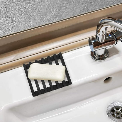 2Pcs Soap Dish Holder, Non-Slip Bathroom Accessories Silicone Soap Case Saver, Sink Deck Bathtub Shower Dish Soap Drainer, Silicone Holder for Soap, Sponges, Scrubber (Black)