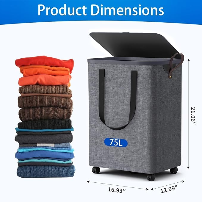 Laundry Basket with 5 Wheels, Tall Dirty Laundry Hamper, Rolling Laundry Basket with Lid, Collapsible Clothes Hamper for Bathroom Bedroom Dorm Laundry Room, Light Gray, 75L