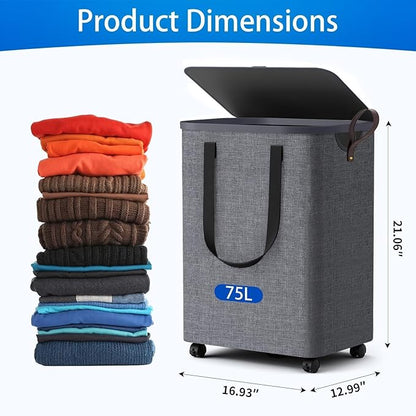 Laundry Basket with 5 Wheels, Tall Dirty Laundry Hamper, Rolling Laundry Basket with Lid, Collapsible Clothes Hamper for Bathroom Bedroom Dorm Laundry Room, Light Gray, 75L
