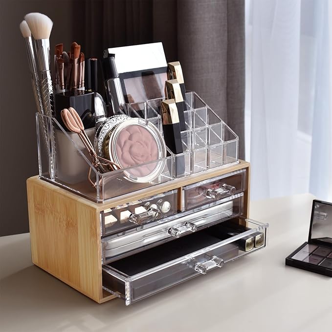Ikee Design Bamboo Acrylic Makeup Organizer with 4 Drawers and Removable Top Lipstick Holders, Ideal for Make-up or Accessories,Enhance Your Vanity or Bathroom with Clear Design for Quick Visibility