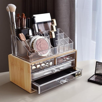 Ikee Design Bamboo Acrylic Makeup Organizer with 4 Drawers and Removable Top Lipstick Holders, Ideal for Make-up or Accessories,Enhance Your Vanity or Bathroom with Clear Design for Quick Visibility