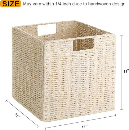 Vagusicc Wicker Storage Basket, Set of 2 Hand-Woven Paper Rope Storage Baskets, Foldable Cube Storage Organizer Bins, 11 Inch Wicker Storage Baskets for Shelves and Decor, Square Storage Basket, Beige